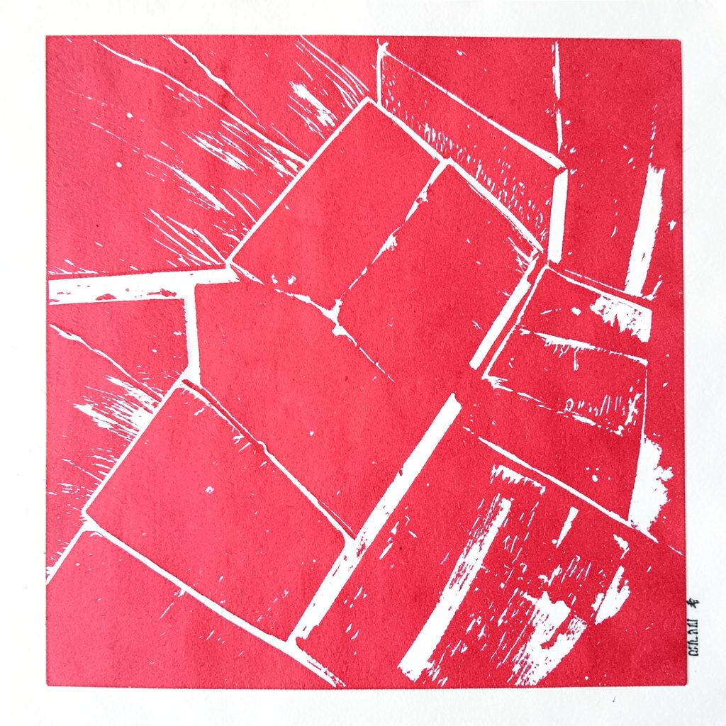 Carved linocut portrait in warm cream and dusty rose, gentle and approachable
