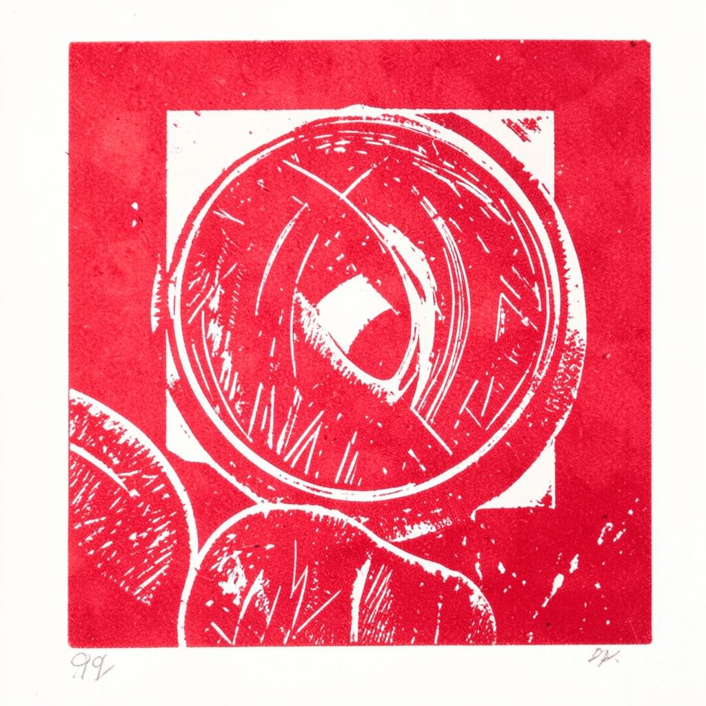 Carved linocut relief print in warm cream and soft rose hues, calm mood