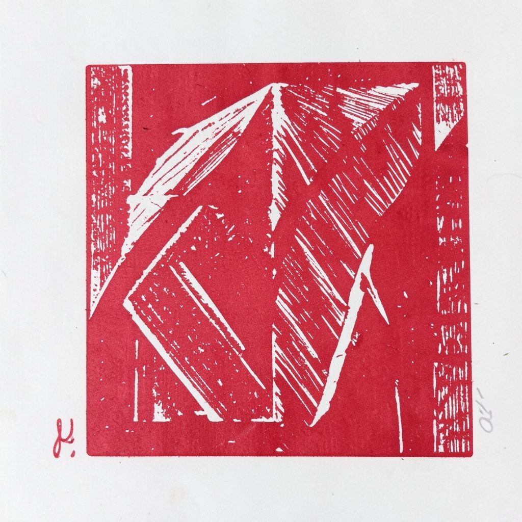 Carved linocut portrait in soft blush palette, calm composed mood