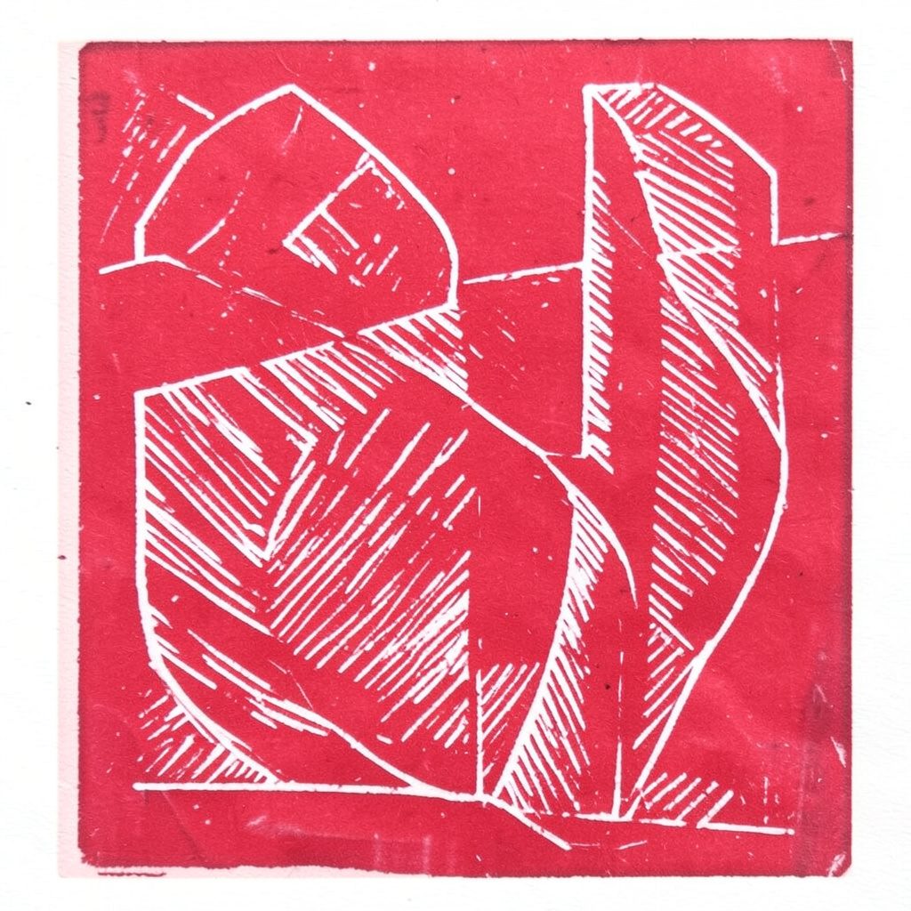 Carved linocut relief print in muted rose and cream tones, soft and minimal mood