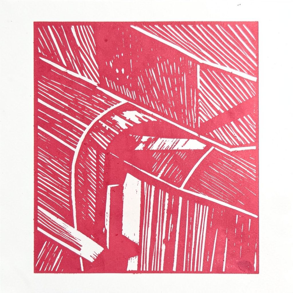 Carved linocut relief print in soft pink and cream shades, serene mood