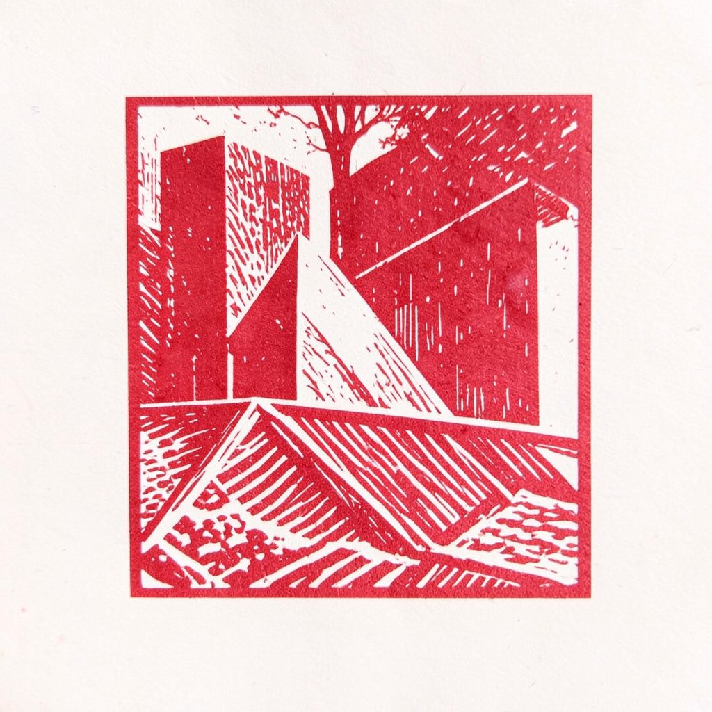 Carved linocut relief print in warm blush and ivory tones, classic mood