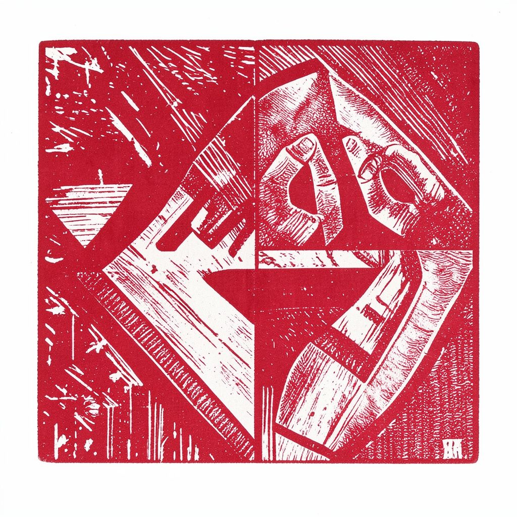 Carved linocut relief print of a softly lit lounge interior in warm cream and blush tones, calm and inviting mood